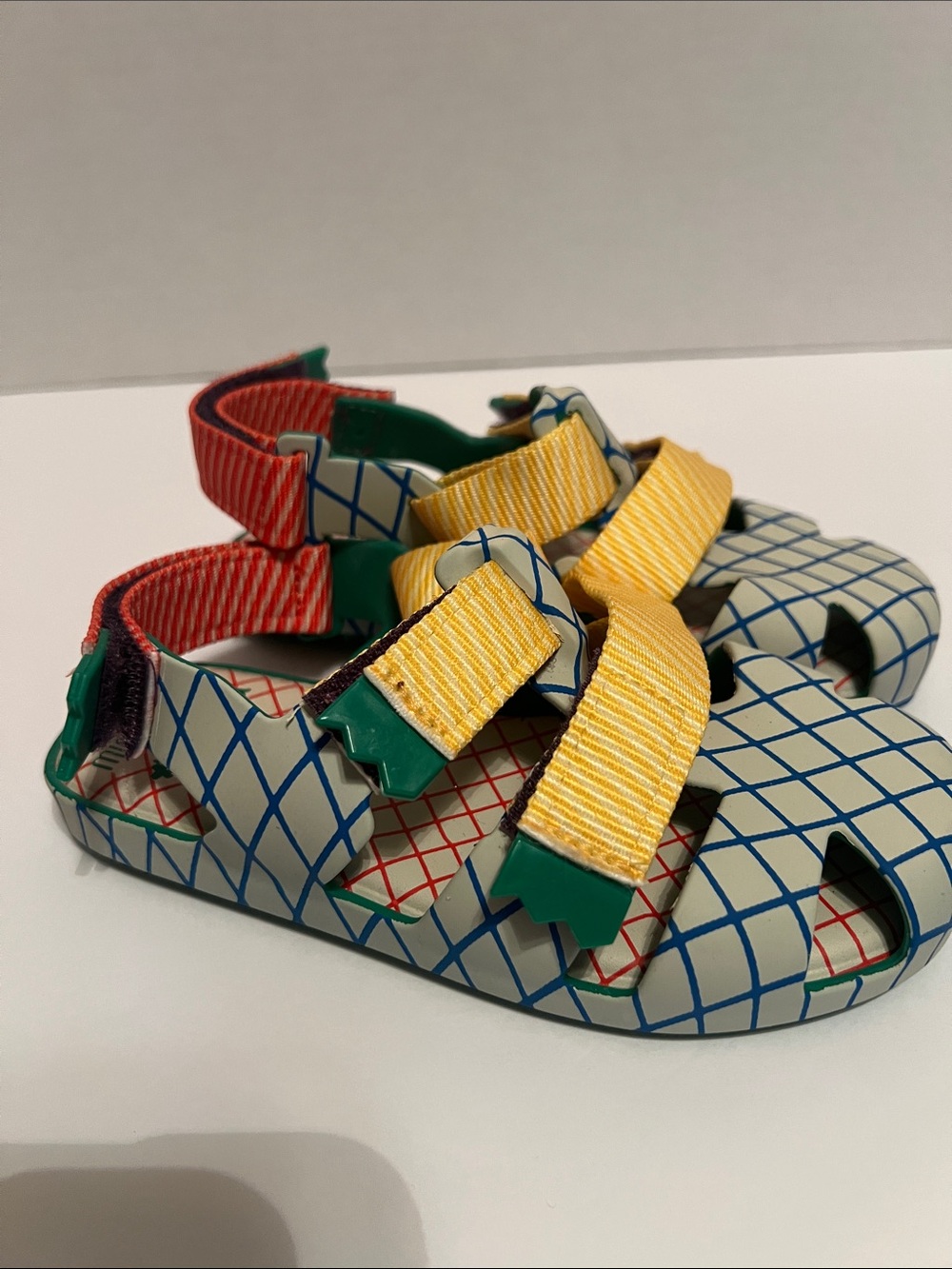 Mini Melissa Kids Grid Sandals with Yellow Straps and Red Accents New